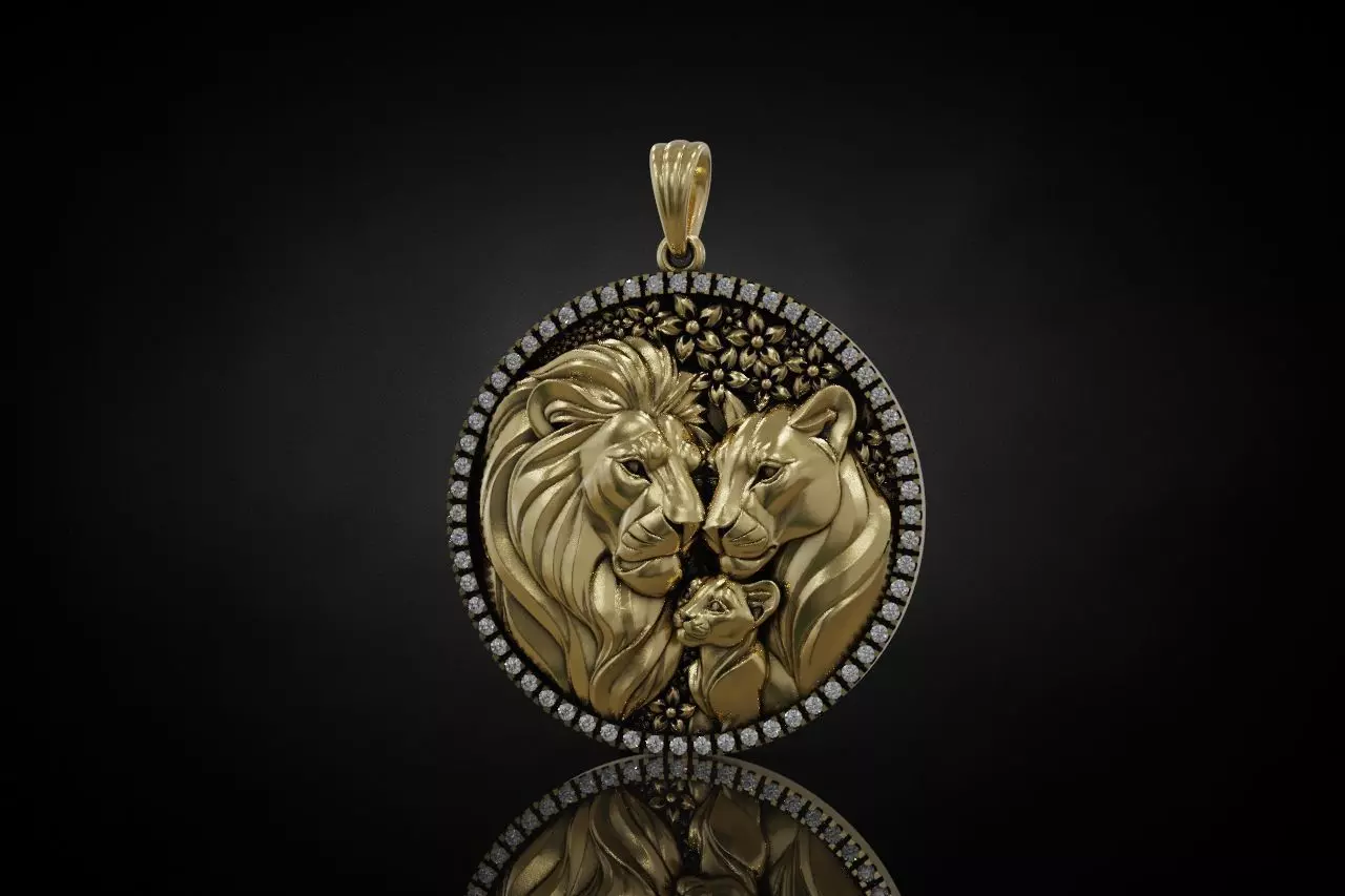 Round Lion Family Medallion with Pave Gemstone Frame 3D print model_2