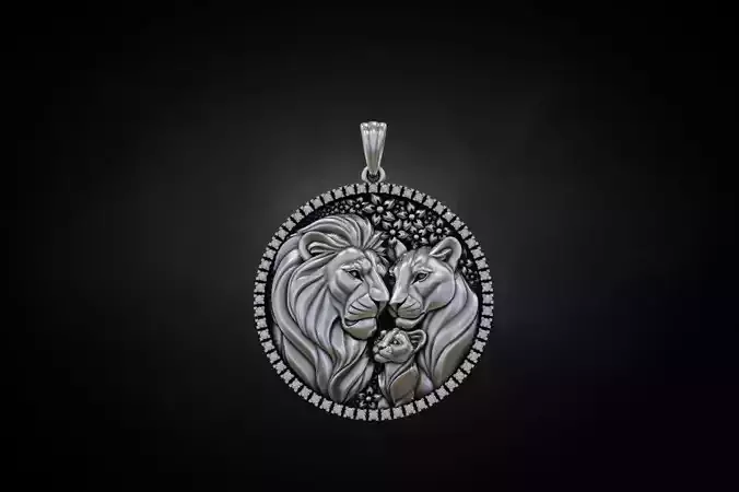 Round Lion Family Medallion with Pave Gemstone Frame 3D print model