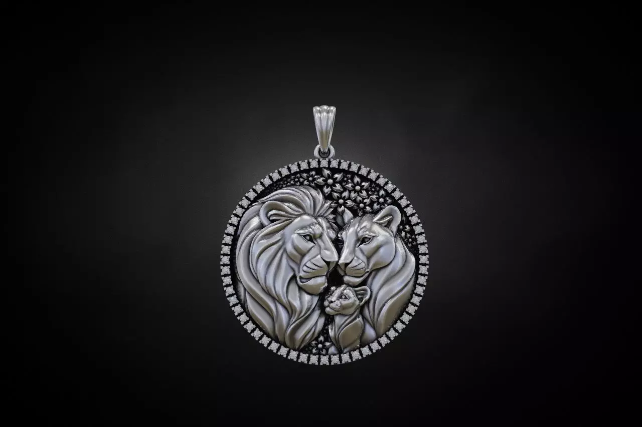 Round Lion Family Medallion with Pave Gemstone Frame 3D print model_0