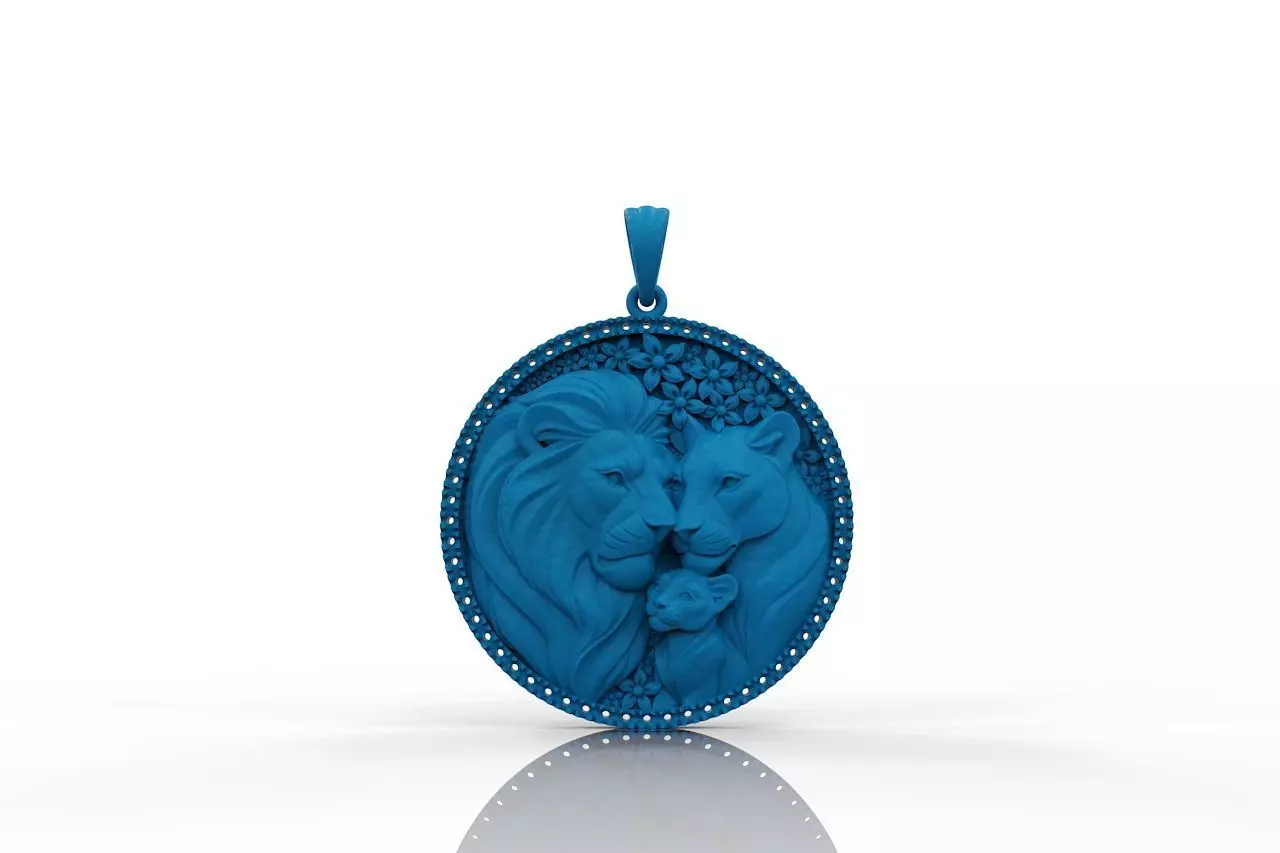 Round Lion Family Medallion with Pave Gemstone Frame 3D print model_8