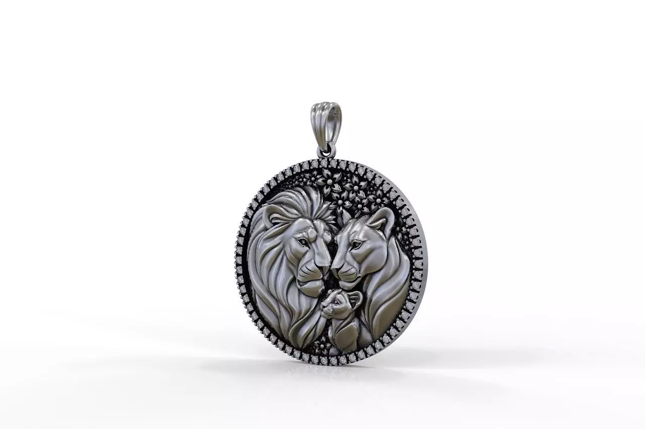 Round Lion Family Medallion with Pave Gemstone Frame 3D print model_4