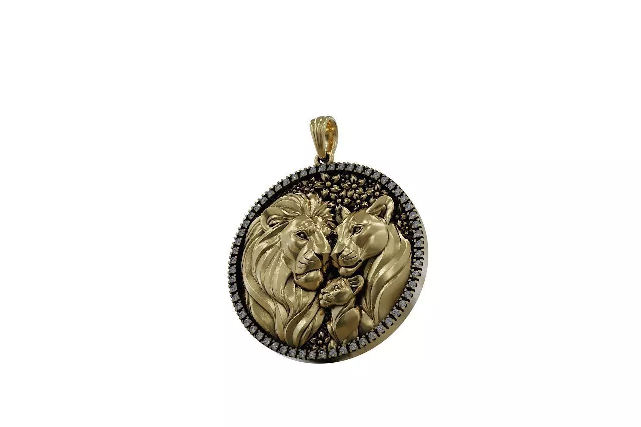 Round Lion Family Medallion with Pave Gemstone Frame 3D print model_7