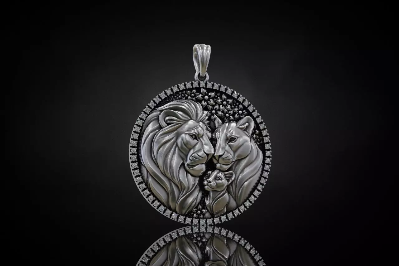 Round Lion Family Medallion with Pave Gemstone Frame 3D print model_1