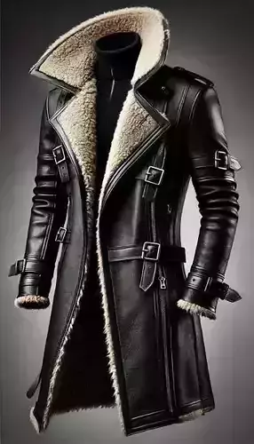 Luxury Black Leather Coat Shearling Collar Buckles LowPoly