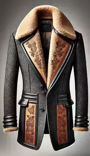 Luxury Wool Coat Embossed Leather Shearling Collar LowPoly Low-poly 3D model