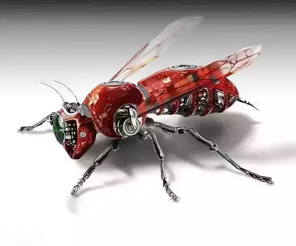 Futuristic Red Robotic Bee Transparent Wings Gears