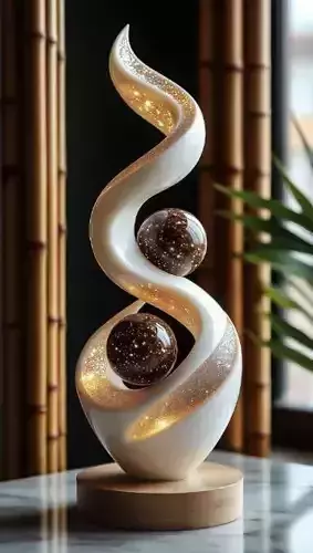 Elegant White Spiral Sculpture Glowing Golden Spheres 3D Low-poly 3D model