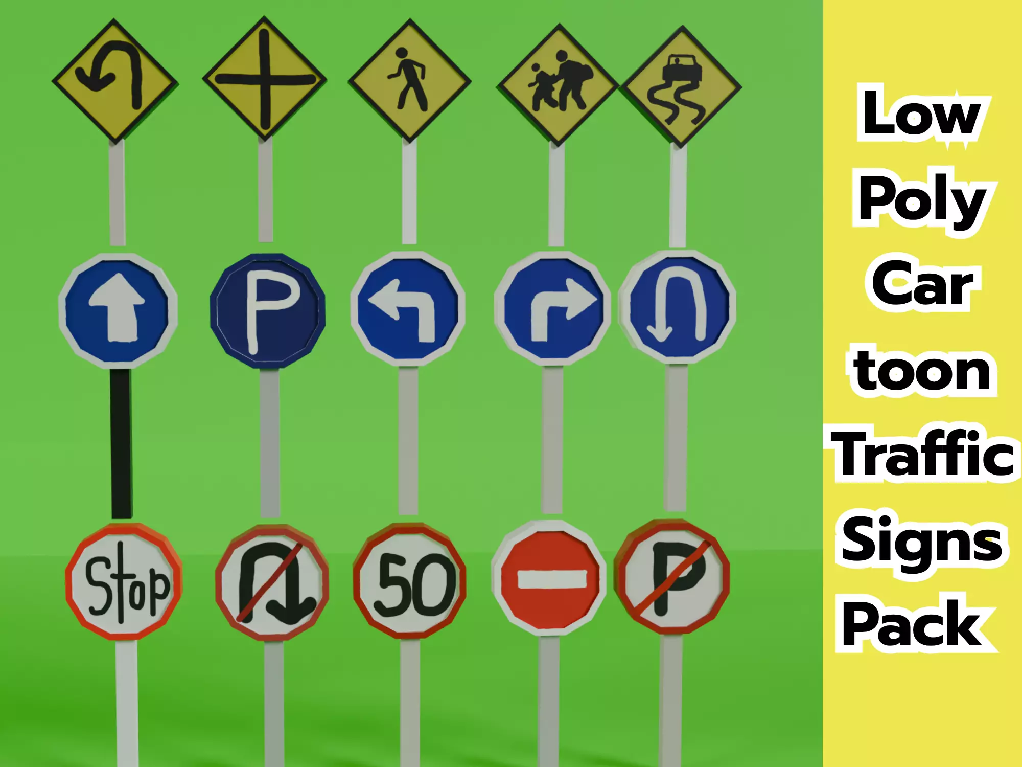 Low Poly Cartoon Traffic Signs Pack 15 Models Free low-poly 3D model