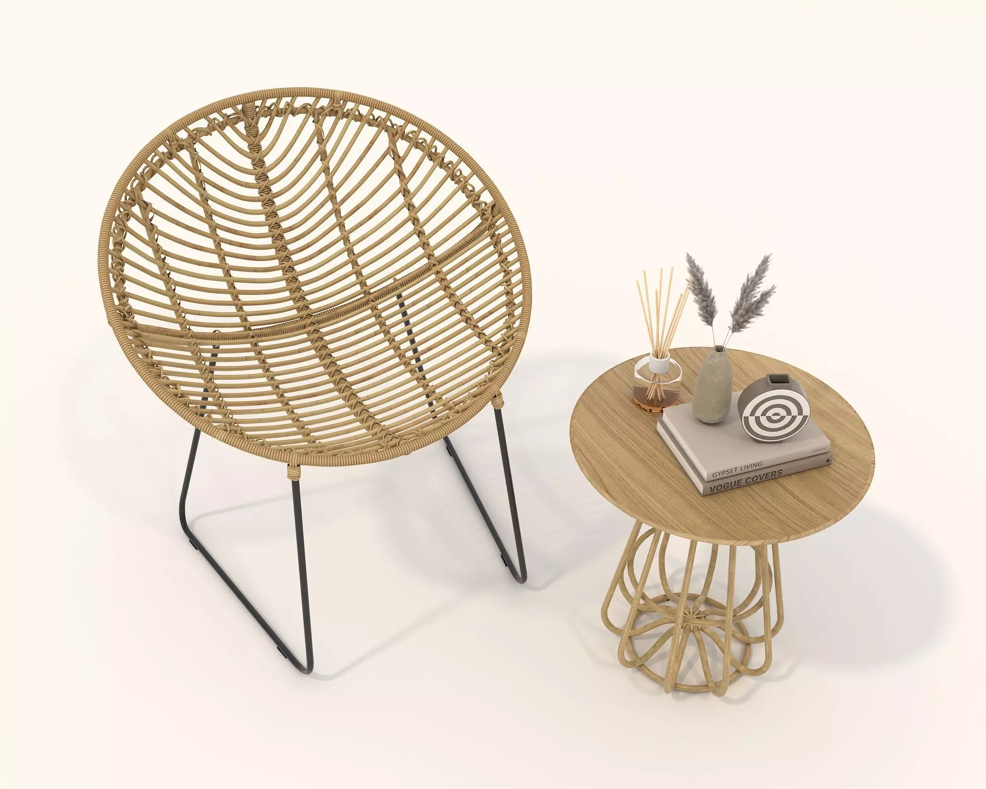Rattan Coffee Table and Chair Set 3D model_1
