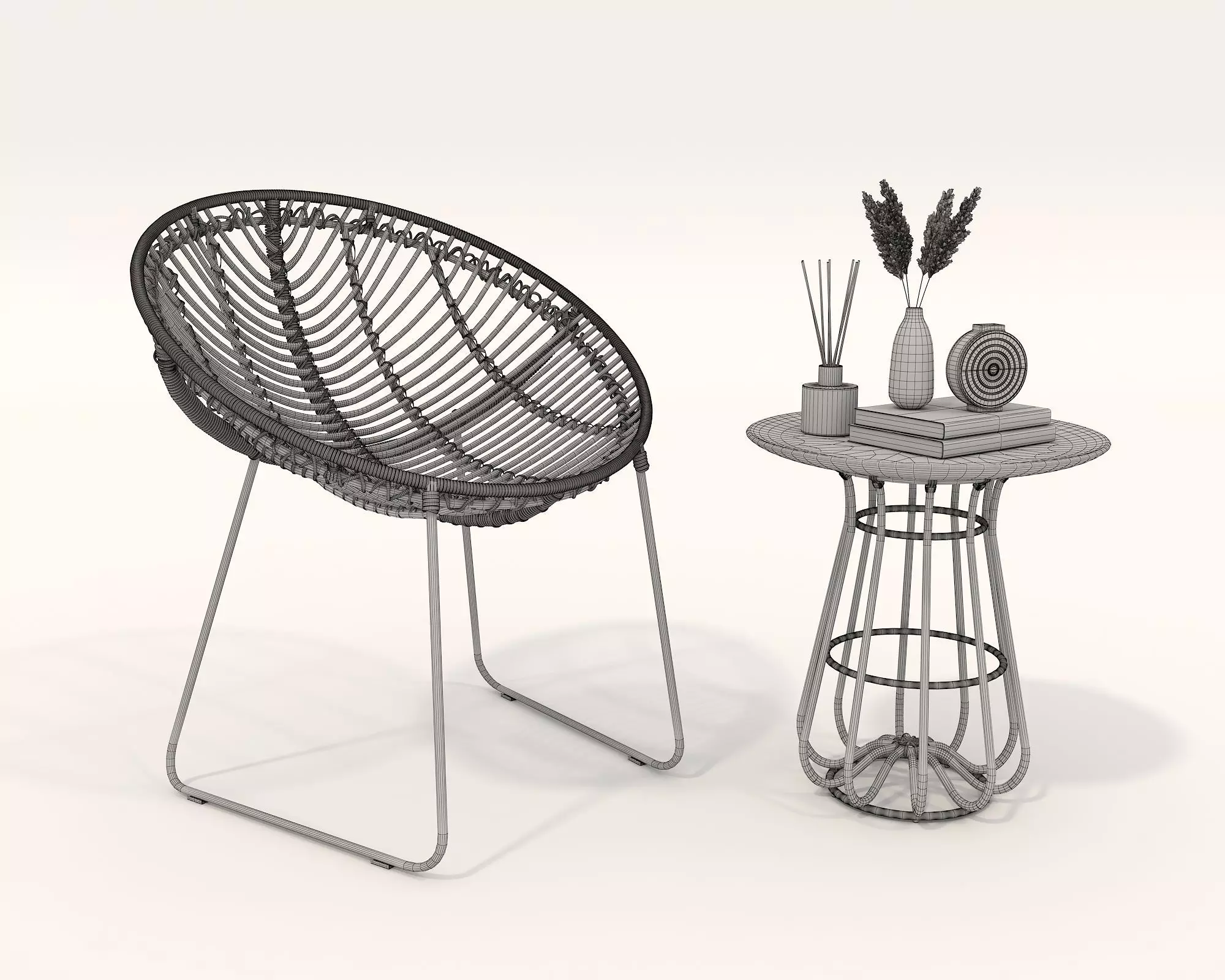 Rattan Coffee Table and Chair Set 3D model_9