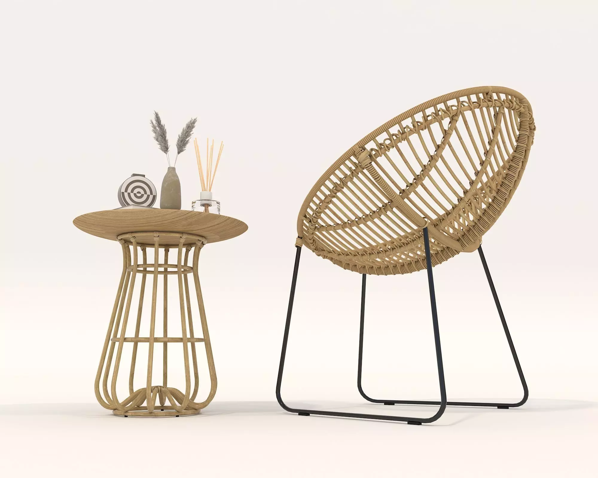 Rattan Coffee Table and Chair Set 3D model_4