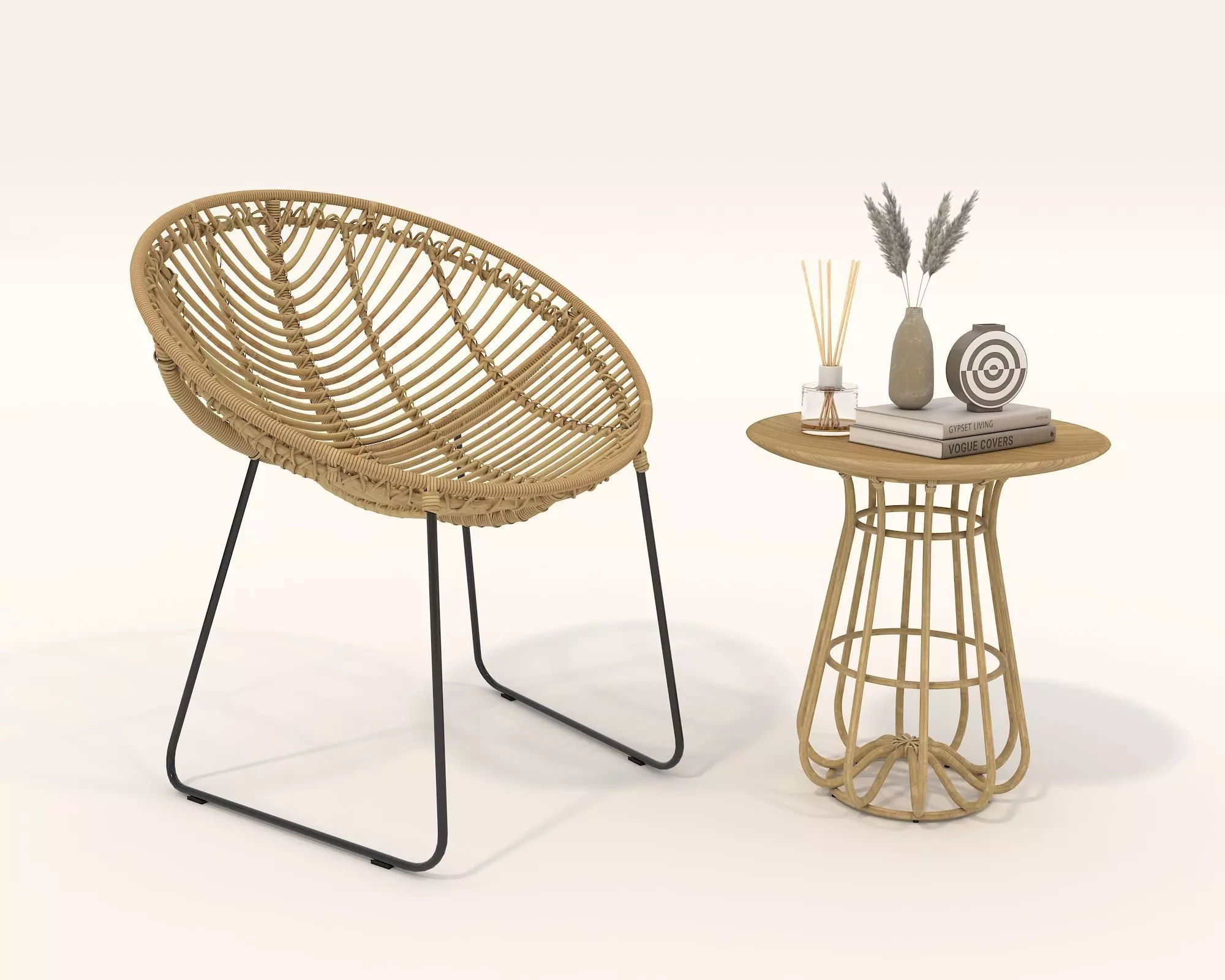 Rattan Coffee Table and Chair Set 3D model_0