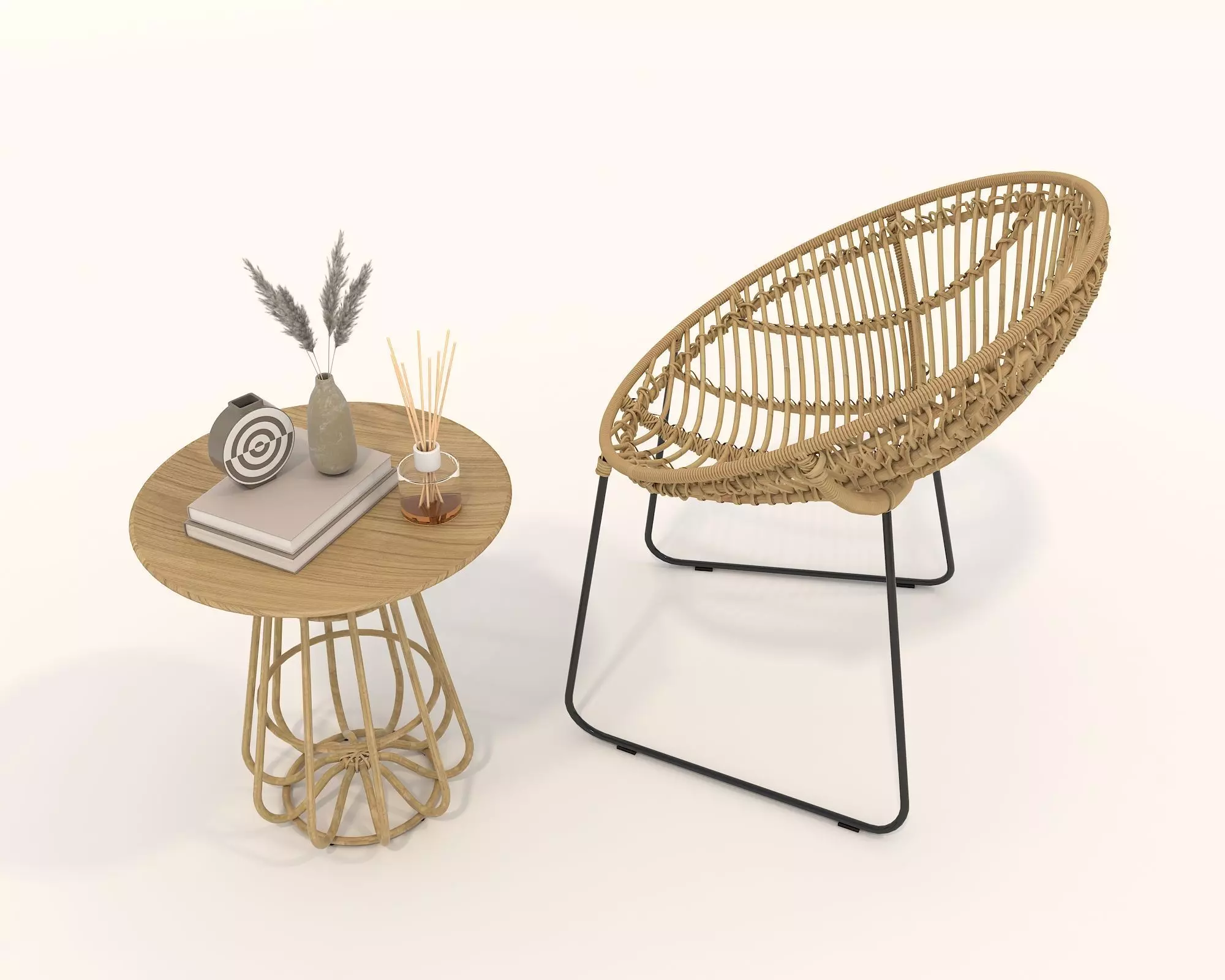 Rattan Coffee Table and Chair Set 3D model_5