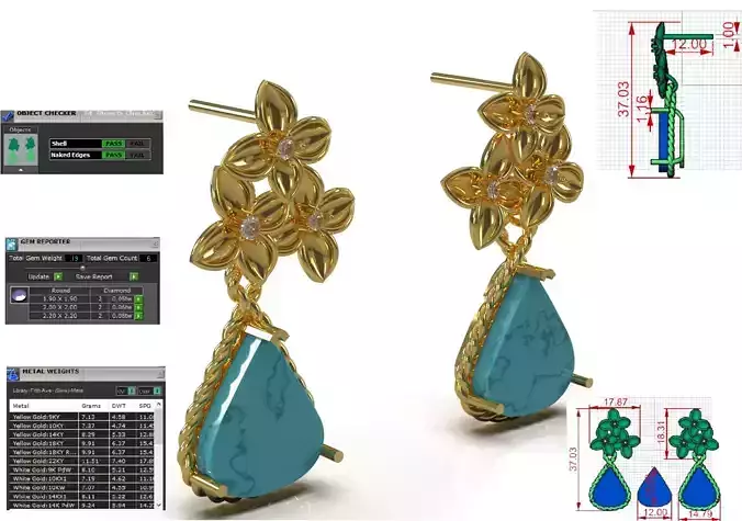 Floral Gold and Turquoise Teardrop Dangle Earrings model je0149
