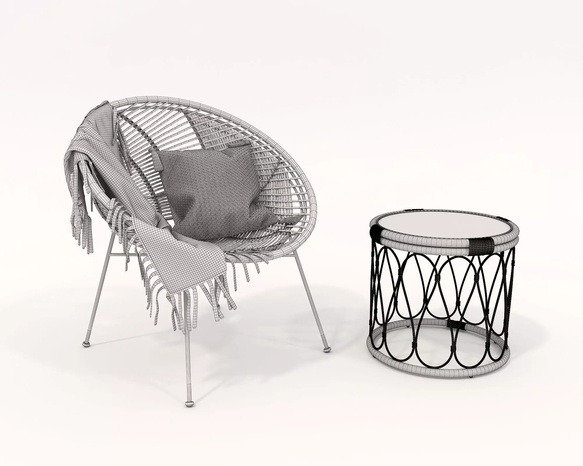 Rattan Coffee Table and Chair Set 2 3D model_7