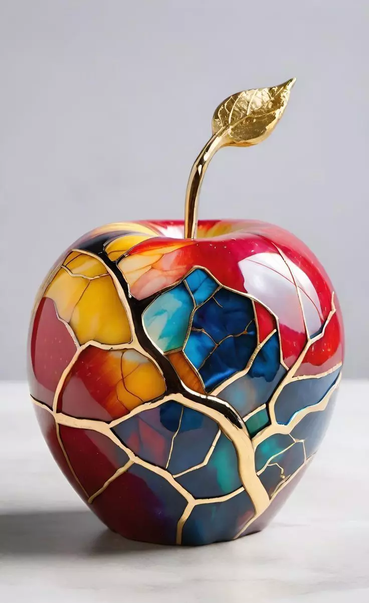 Colorful Kintsugi Apple Sculpture Gold Leaf Stem 3D LowPoly Low-poly 3D model_0