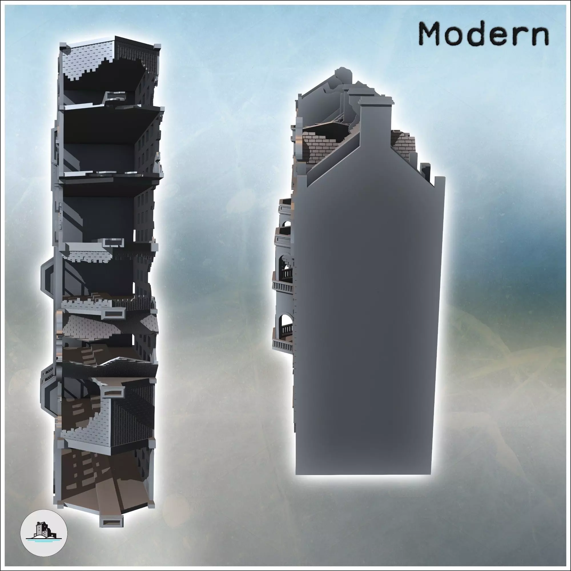 Set of Damaged European Buildings with Chimneys 5 - Modern WW2 W 3D print model_4