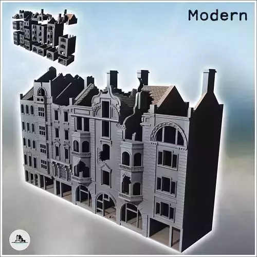 Set of Damaged European Buildings with Chimneys 5 - Modern WW2 W