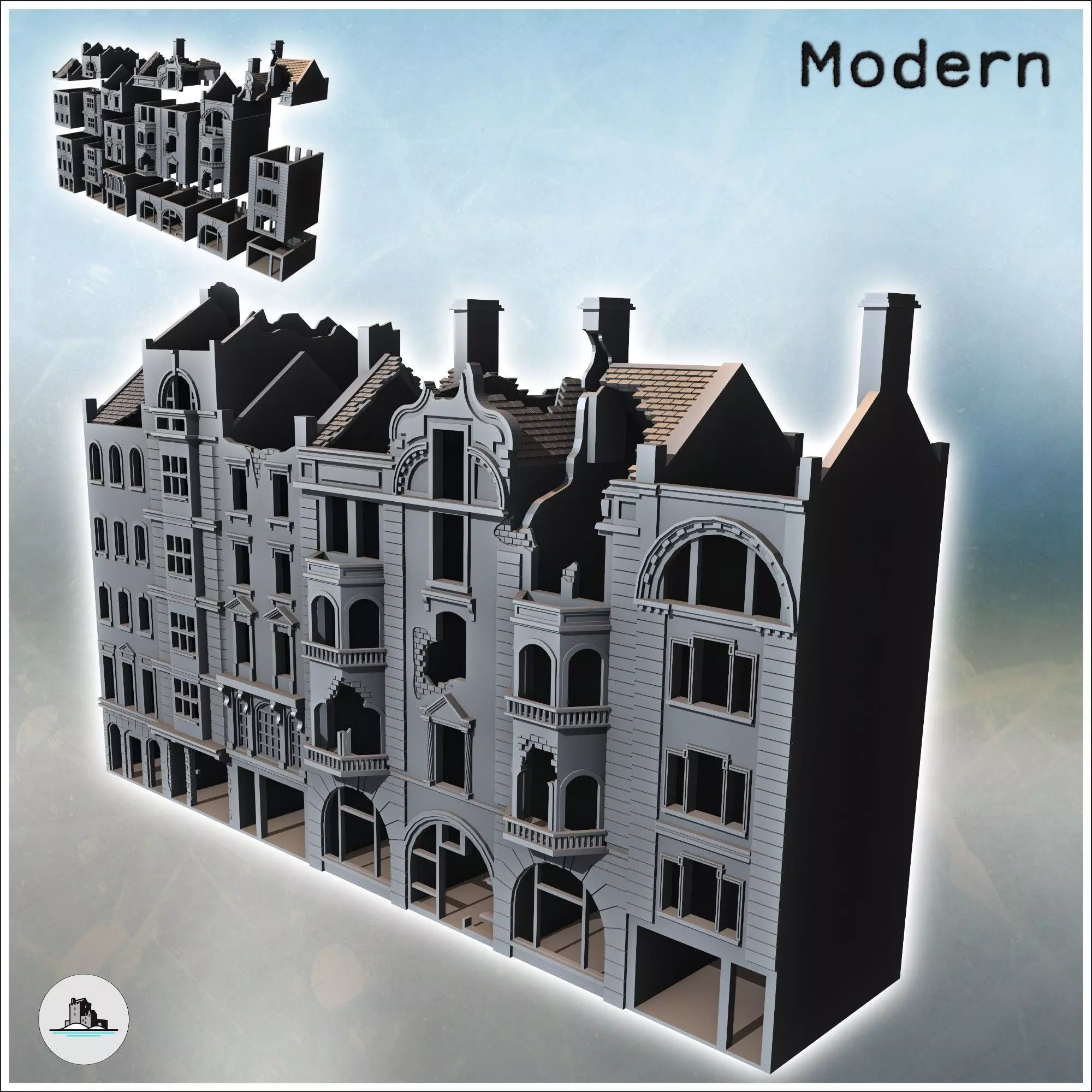 Set of Damaged European Buildings with Chimneys 5 - Modern WW2 W 3D print model_0