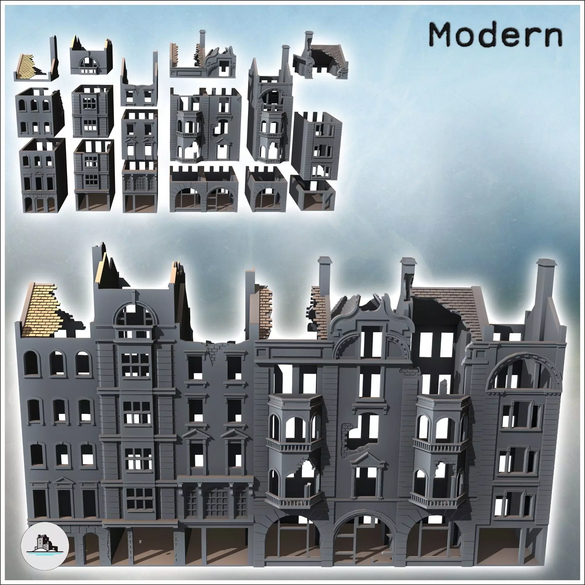 Set of Damaged European Buildings with Chimneys 5 - Modern WW2 W 3D print model_1