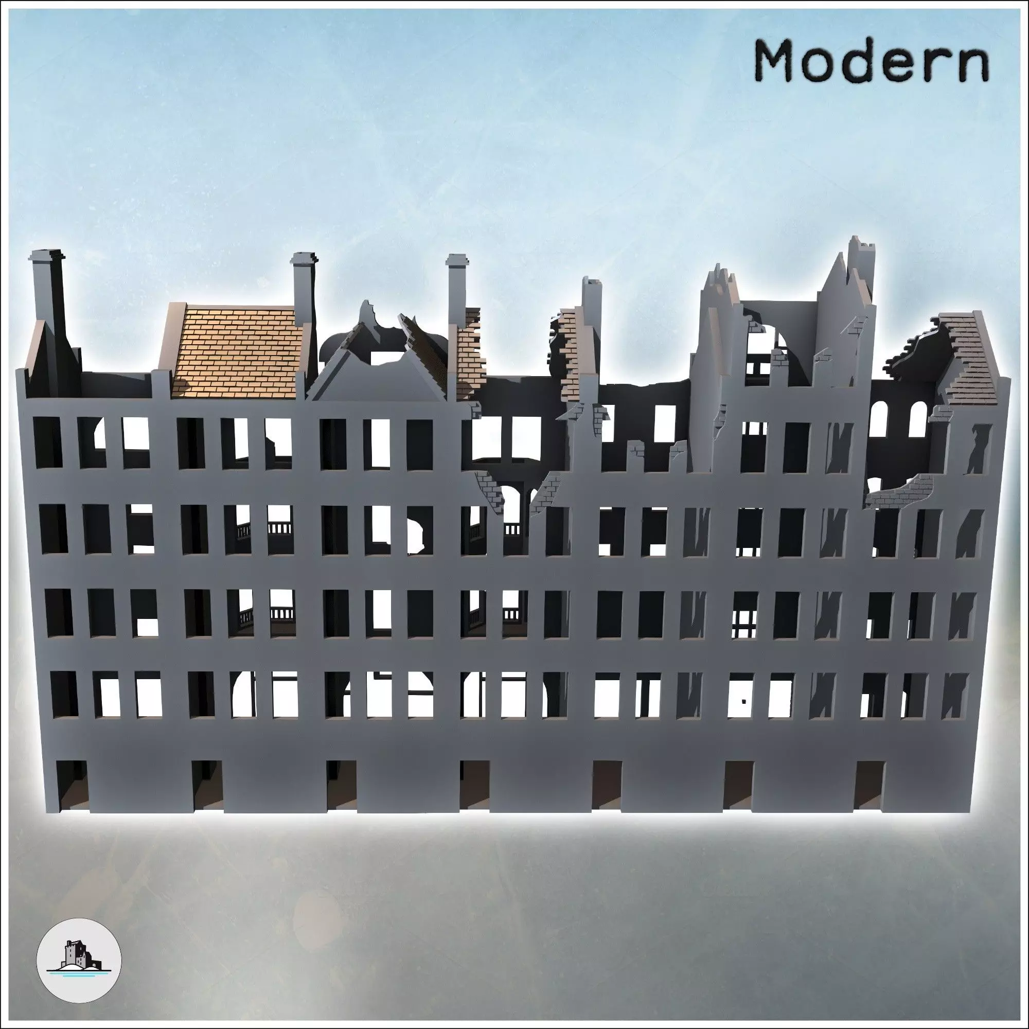 Set of Damaged European Buildings with Chimneys 5 - Modern WW2 W 3D print model_3