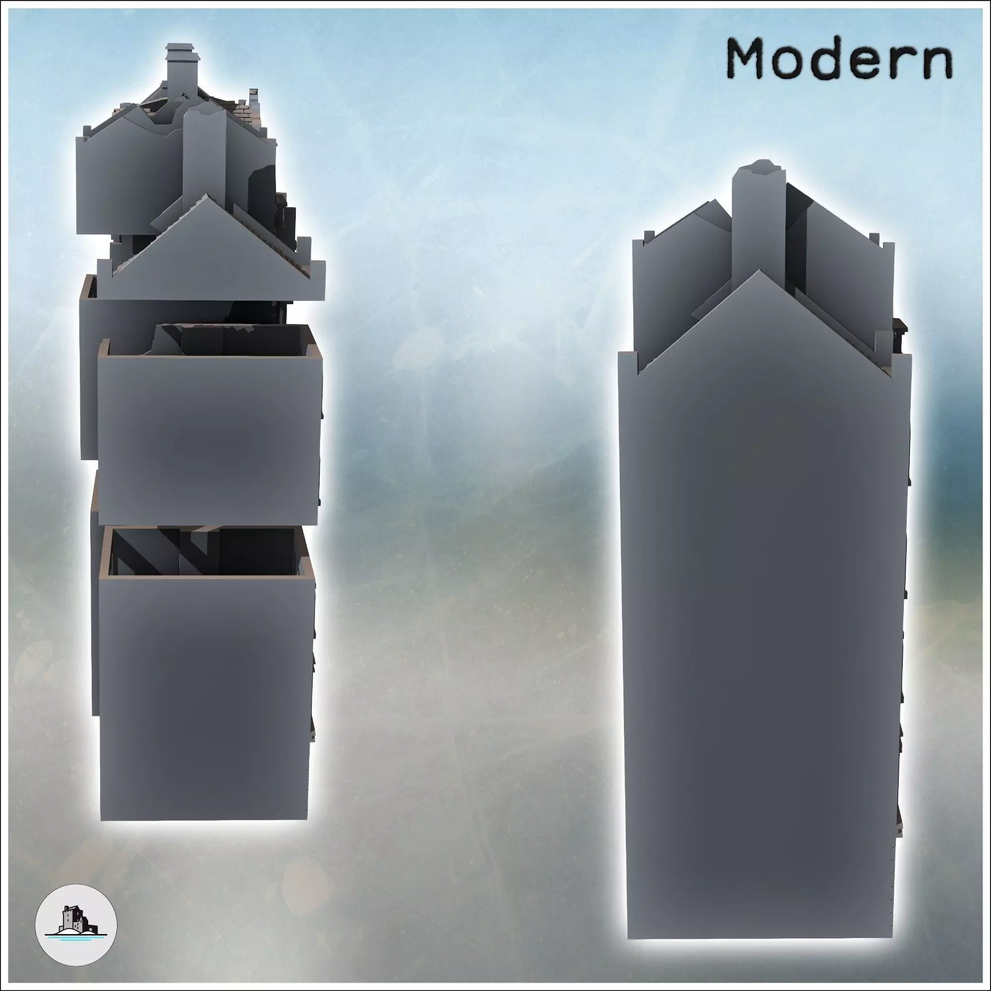 Set of Damaged European Buildings with Chimneys 5 - Modern WW2 W 3D print model_2