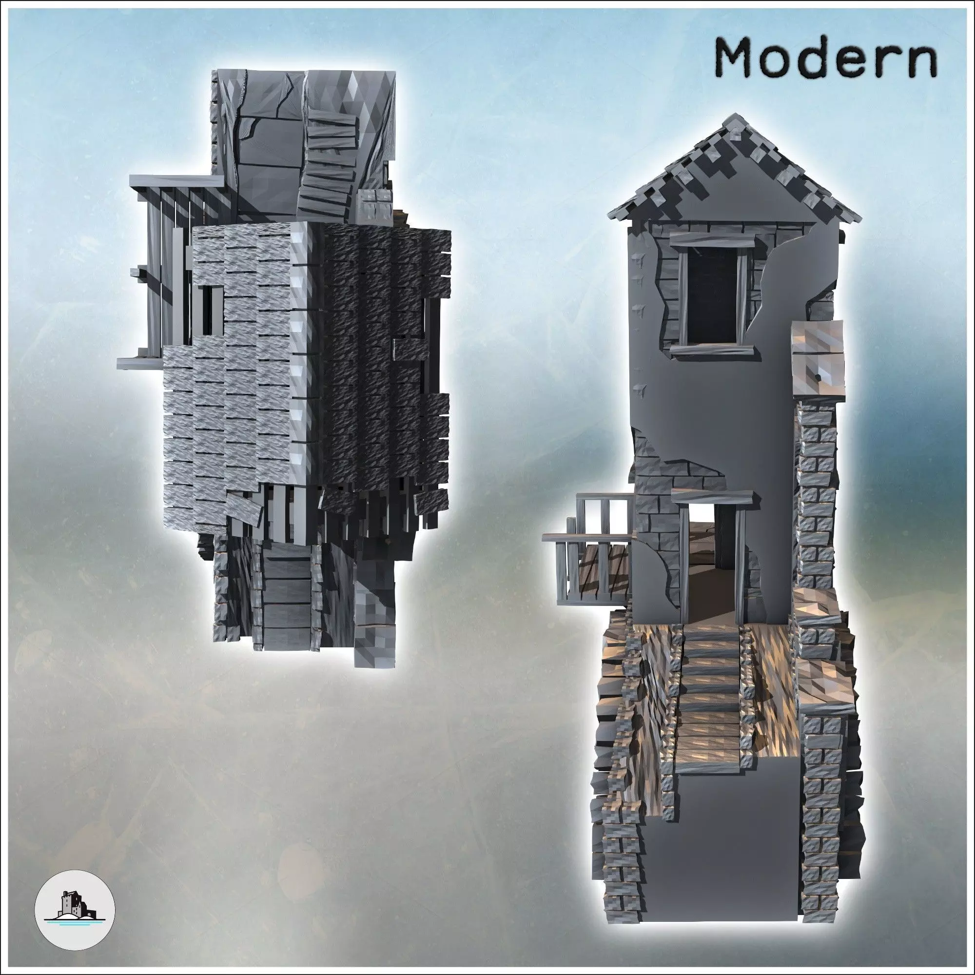 Stone bridge house damaged 12 - Modern WW2 WW1 World War Diaroma 3D print model_4