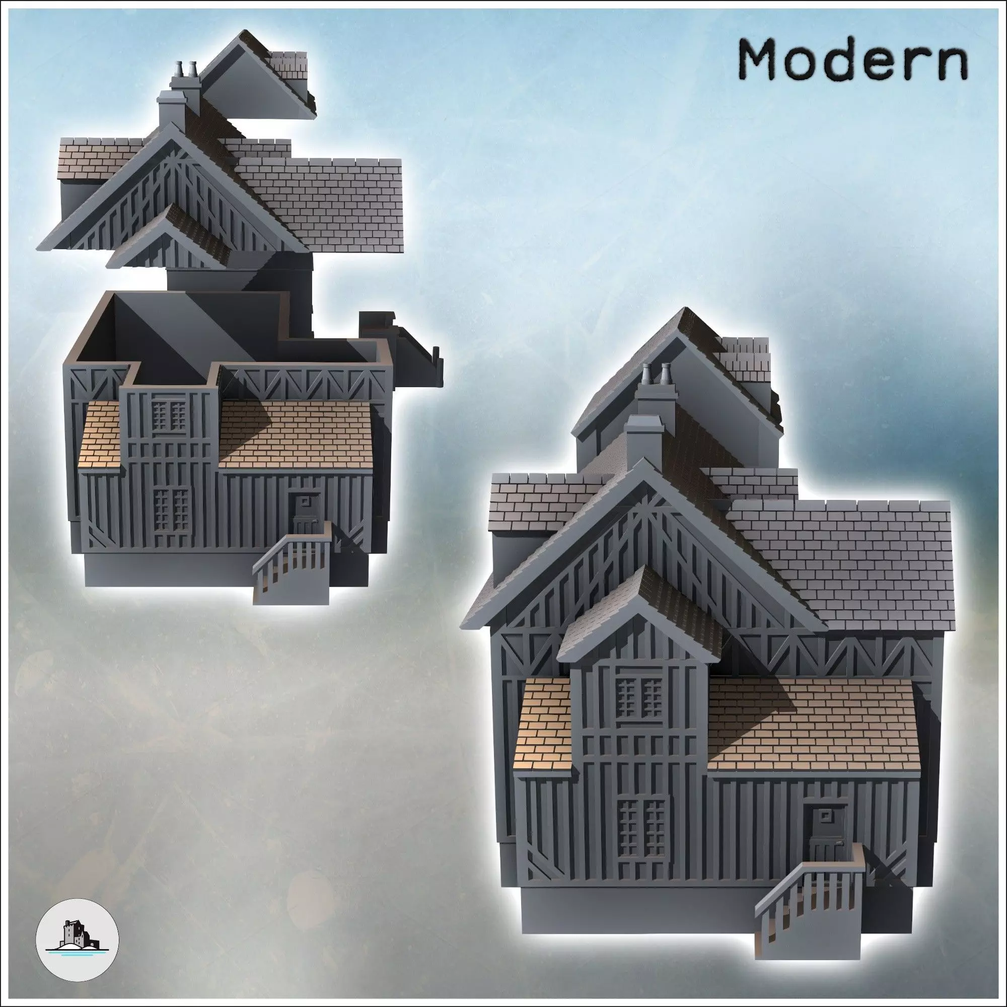 Set of two houses from Sword Beach Ouistreham Normandy France - 3D print model_2