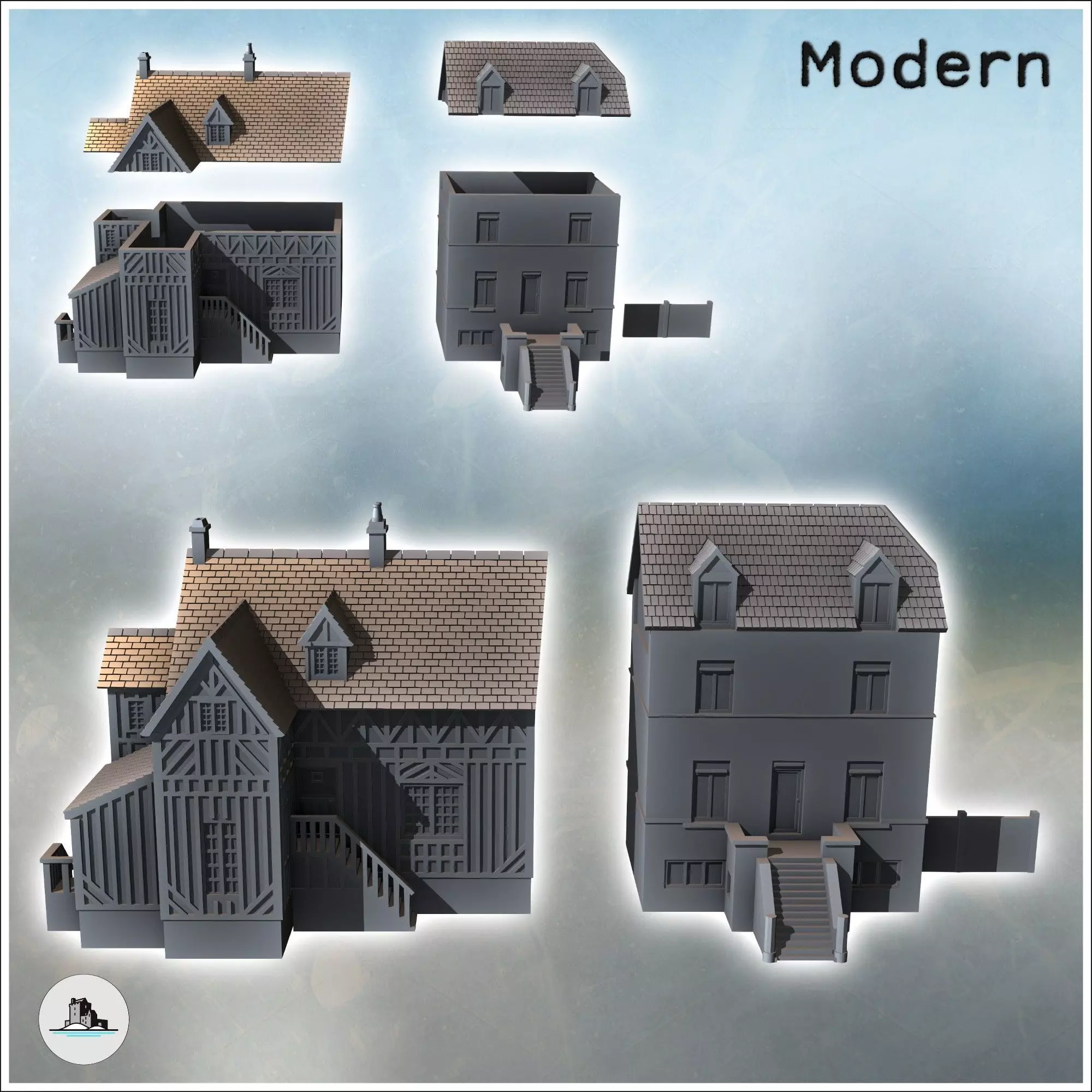 Set of two houses from Sword Beach Ouistreham Normandy France - 3D print model_1