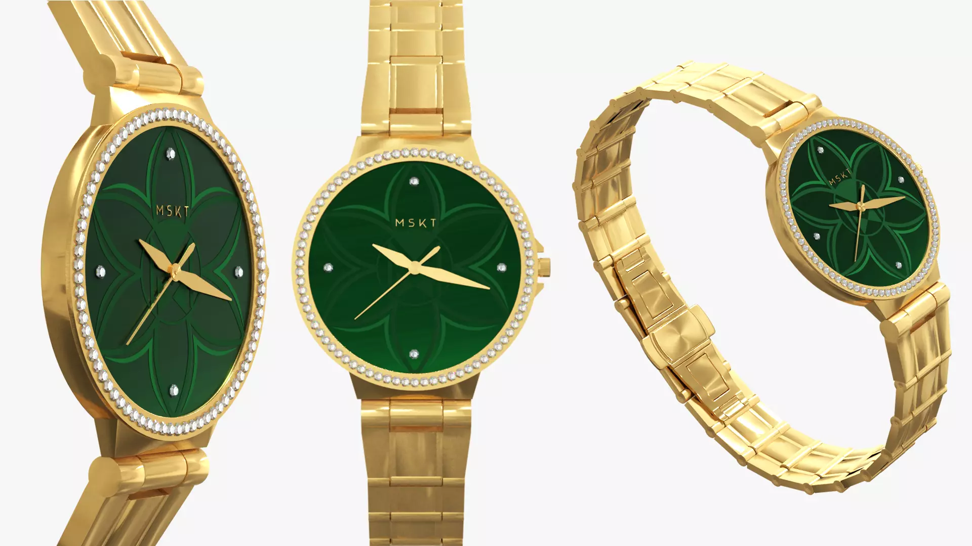 Crystal Studded Green Dial Golden Watch 3D model