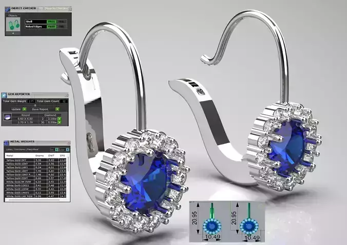Sapphire Halo Lever Back STL 3DM 3D Earrings model je0054