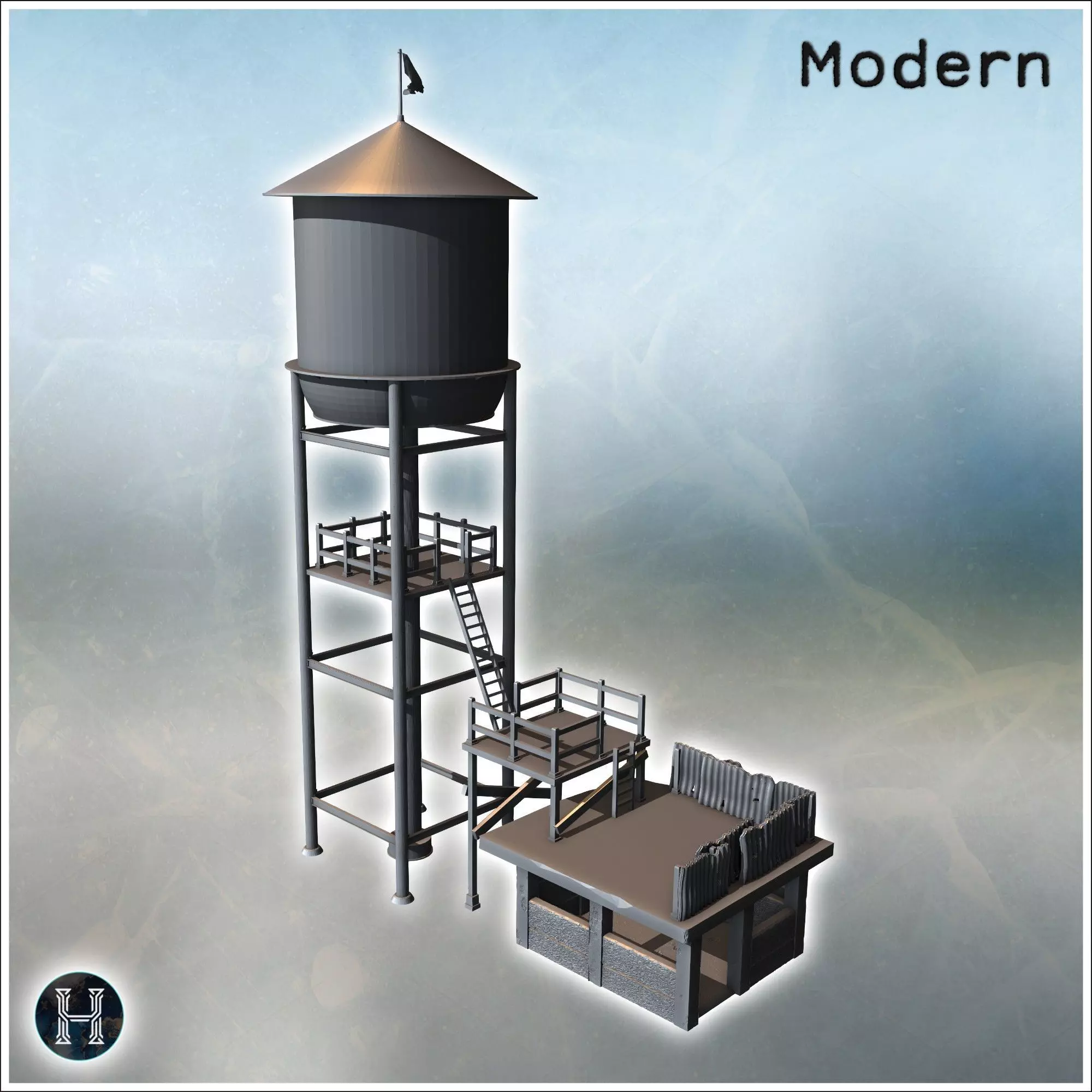 Tall water tower with adjacent platforms and access ladders surr 3D print model_0