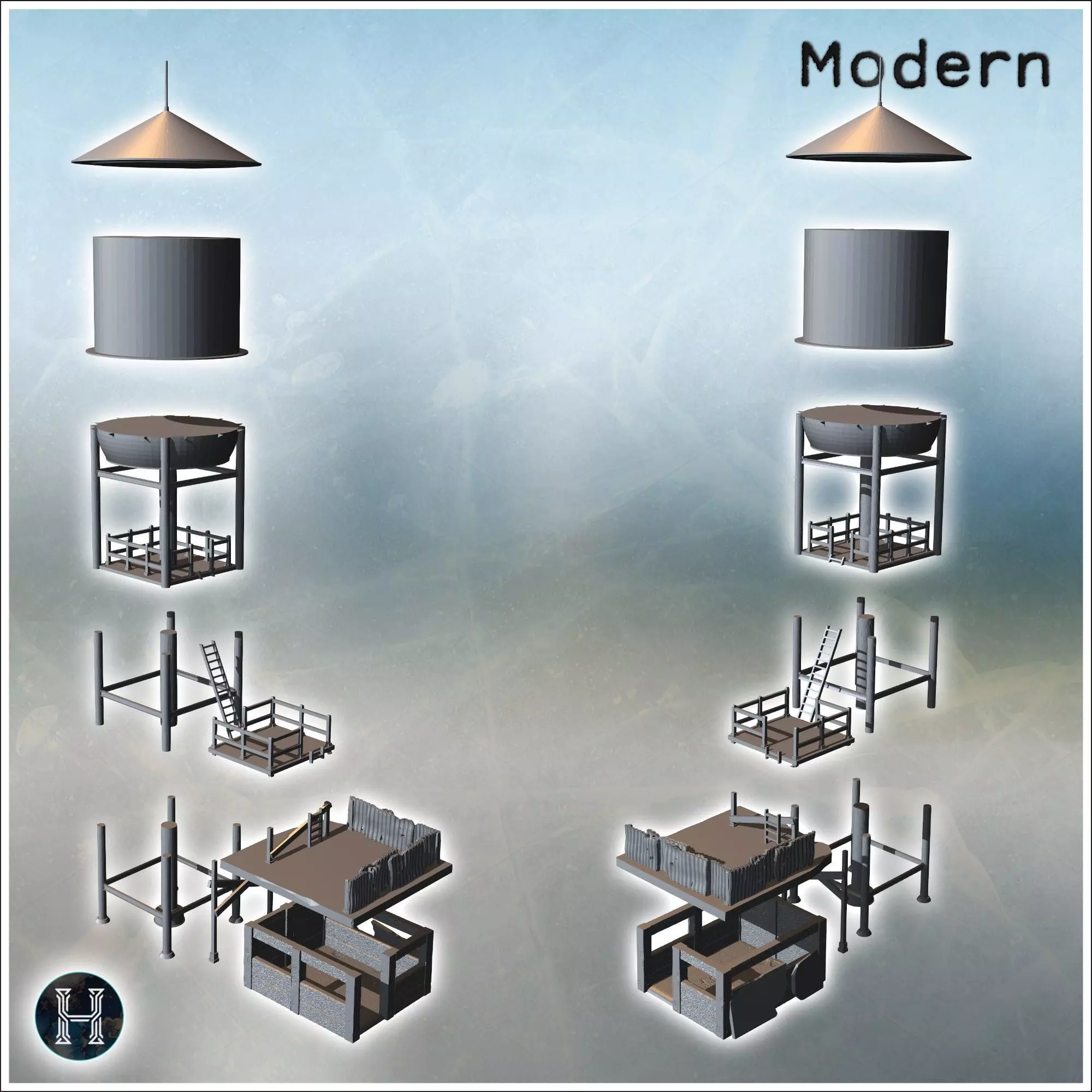 Tall water tower with adjacent platforms and access ladders surr 3D print model_5
