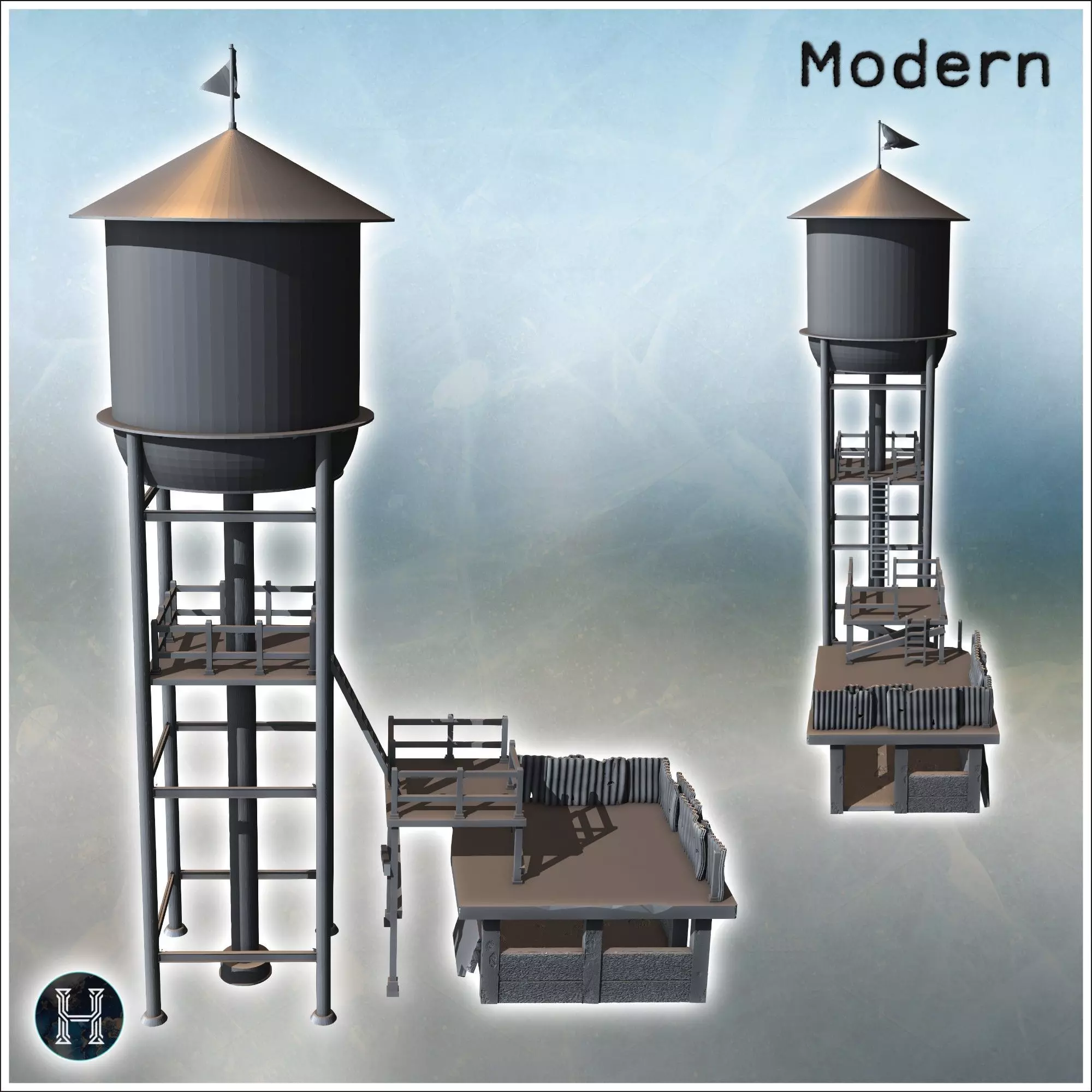 Tall water tower with adjacent platforms and access ladders surr 3D print model_1