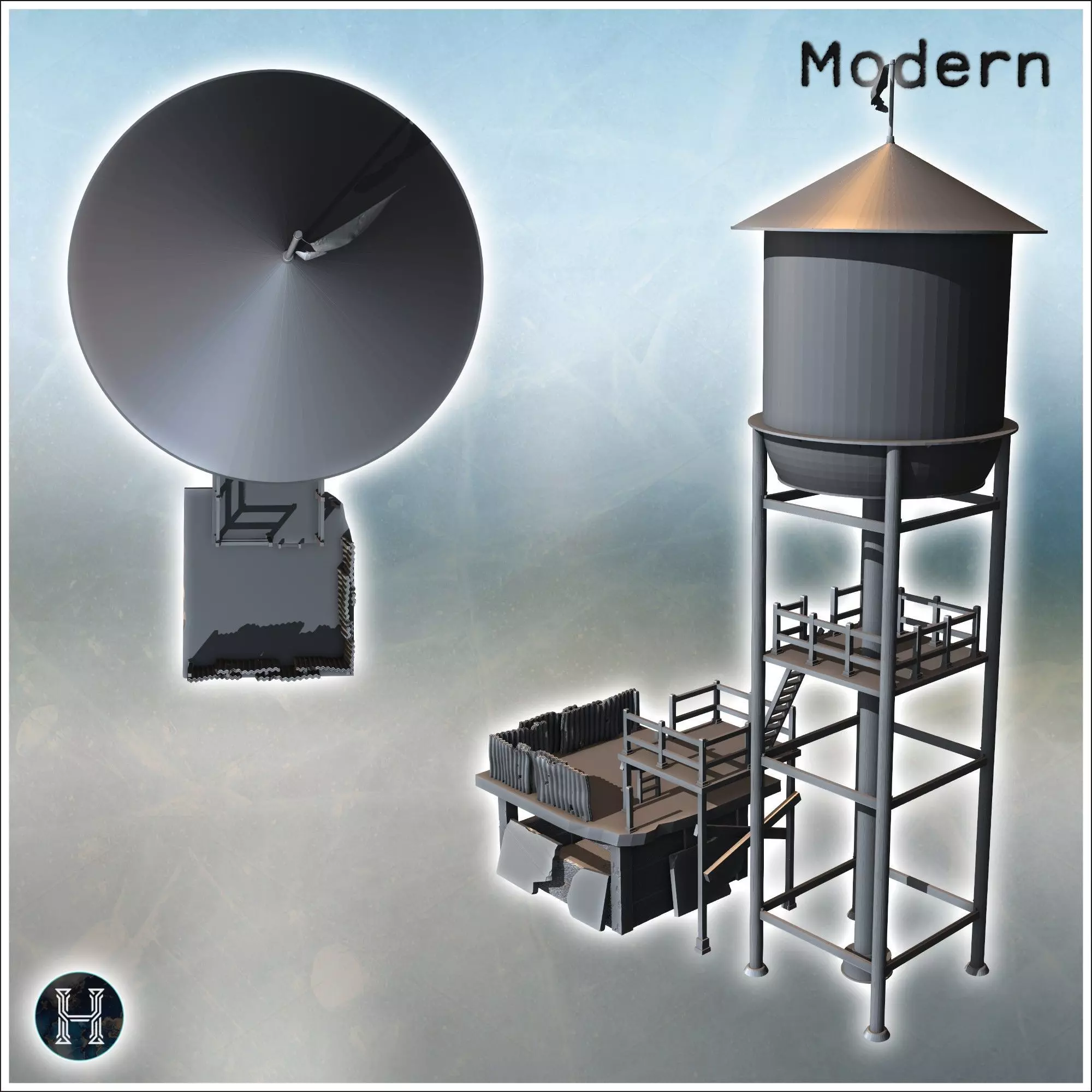 Tall water tower with adjacent platforms and access ladders surr 3D print model_4