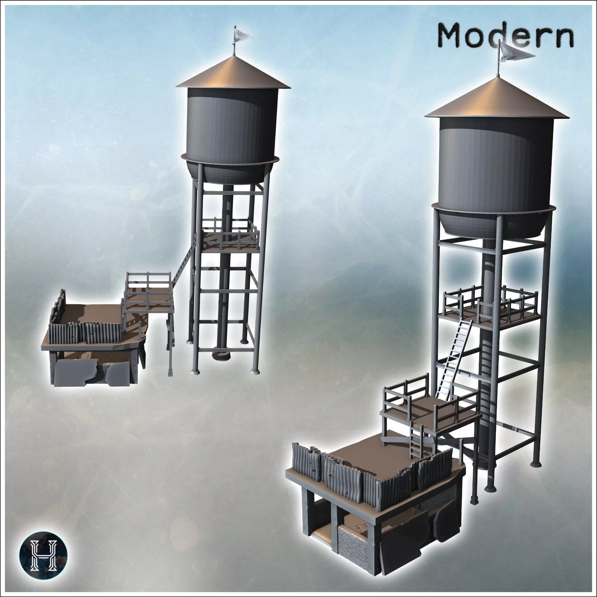 Tall water tower with adjacent platforms and access ladders surr 3D print model_2