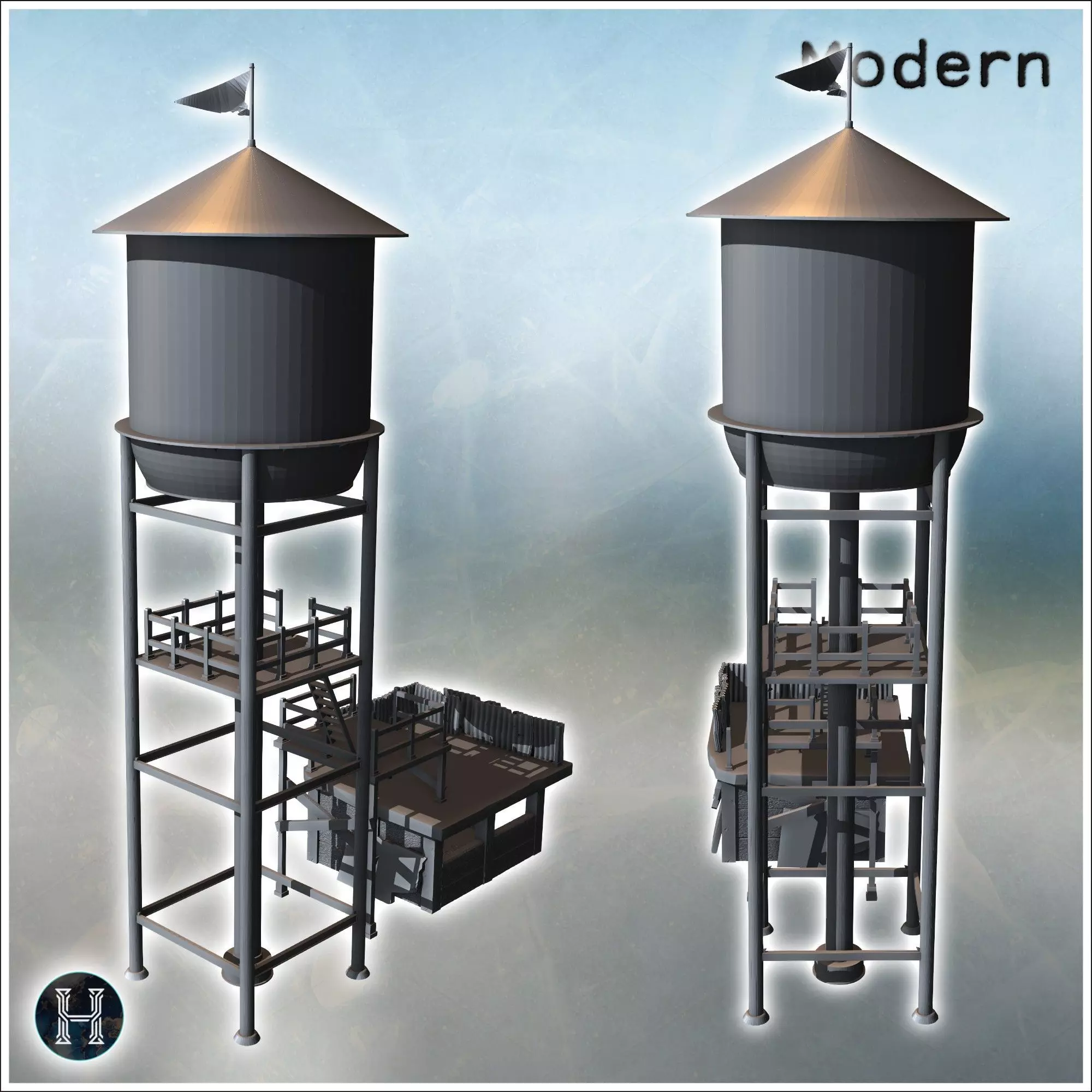 Tall water tower with adjacent platforms and access ladders surr 3D print model_3