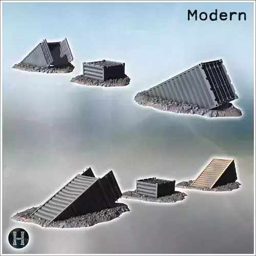 Fallen shipping containers lying on rocky ground partially burie