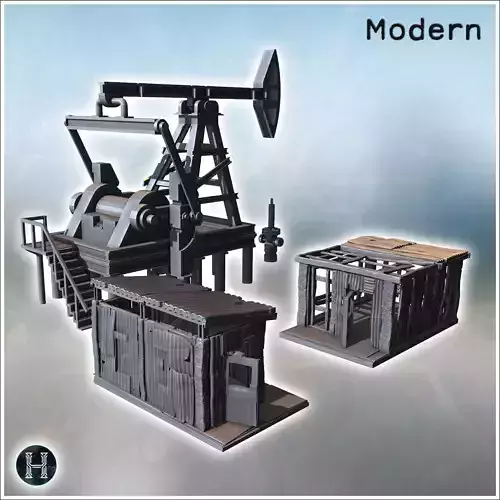 Oil rig with wooden structures pipes and mechanical equipment on