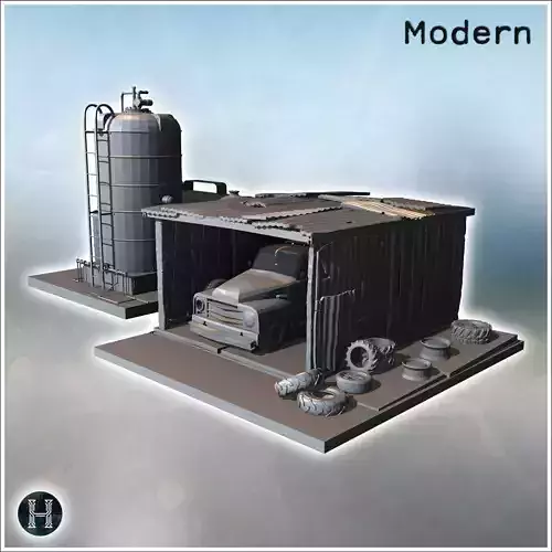 Garage-style structure with adjacent fuel tank and various tires