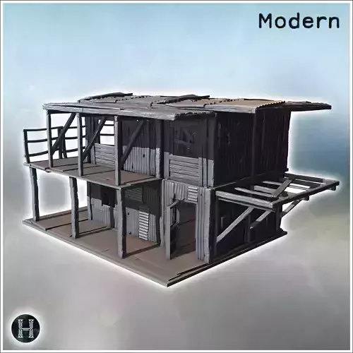 Two-story wooden shack with open balcony corrugated metal walls 