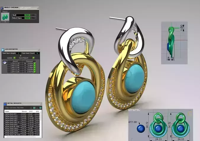 Two Tone Turquoise Dangle STL 3D 3DM Earrings model je0066