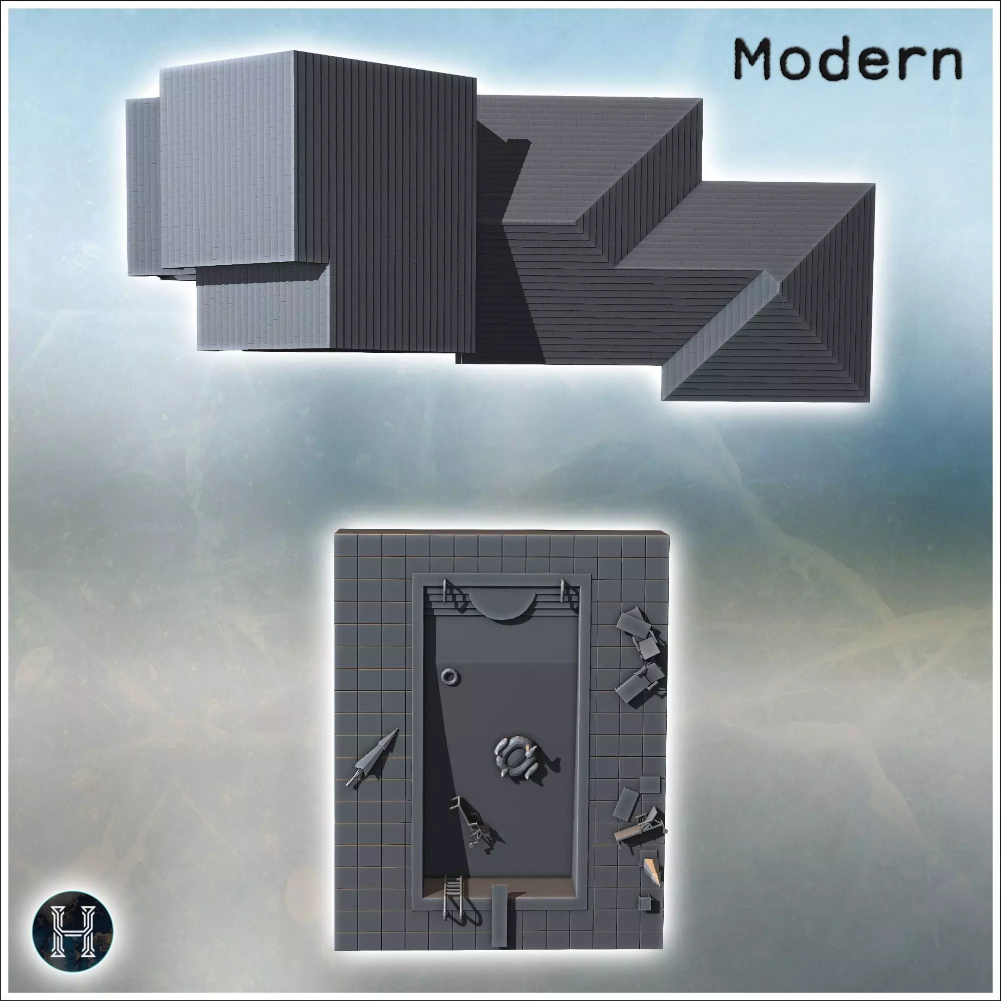 Family house with pool detailed tiled surroundings lounge chairs 3D print model_4