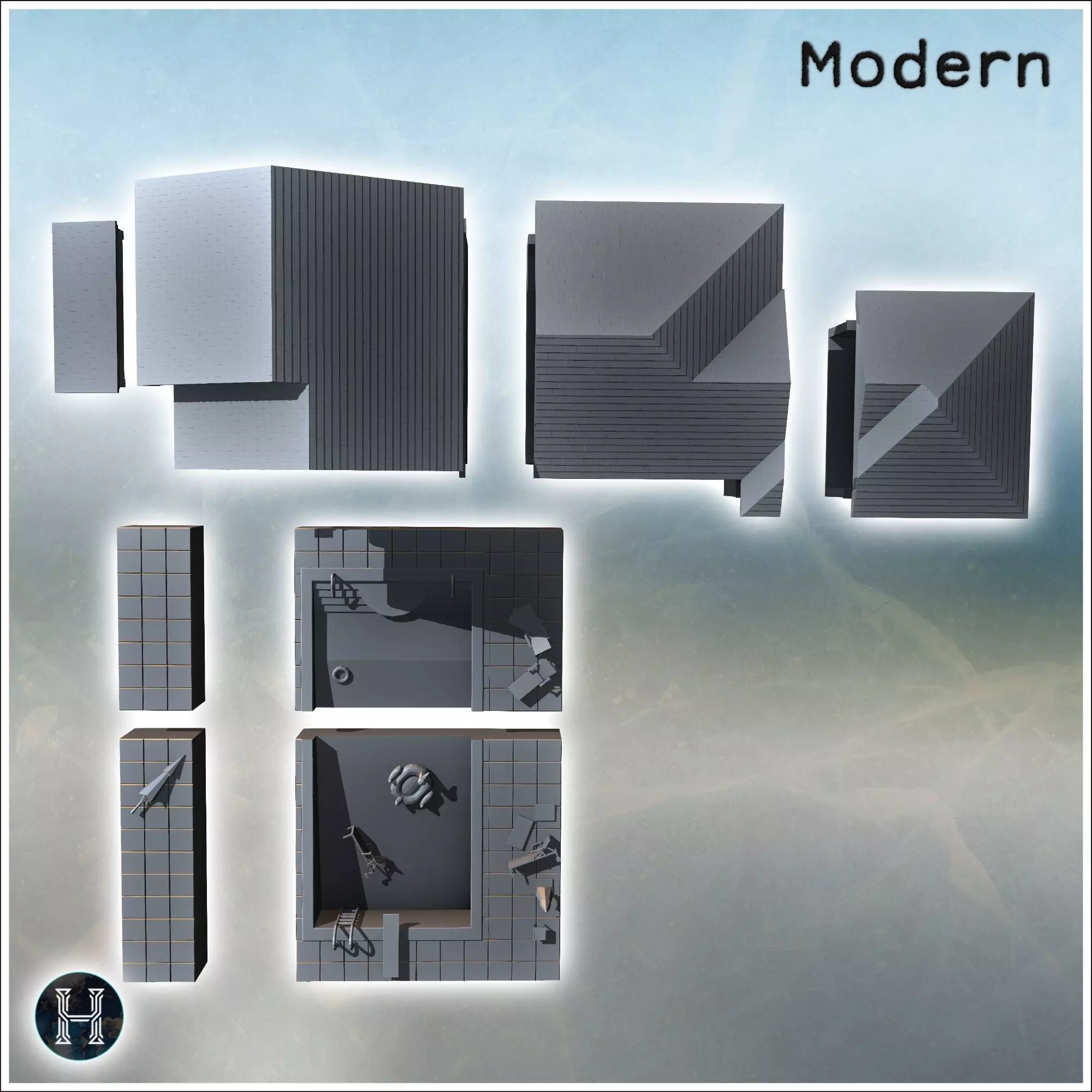 Family house with pool detailed tiled surroundings lounge chairs 3D print model_7