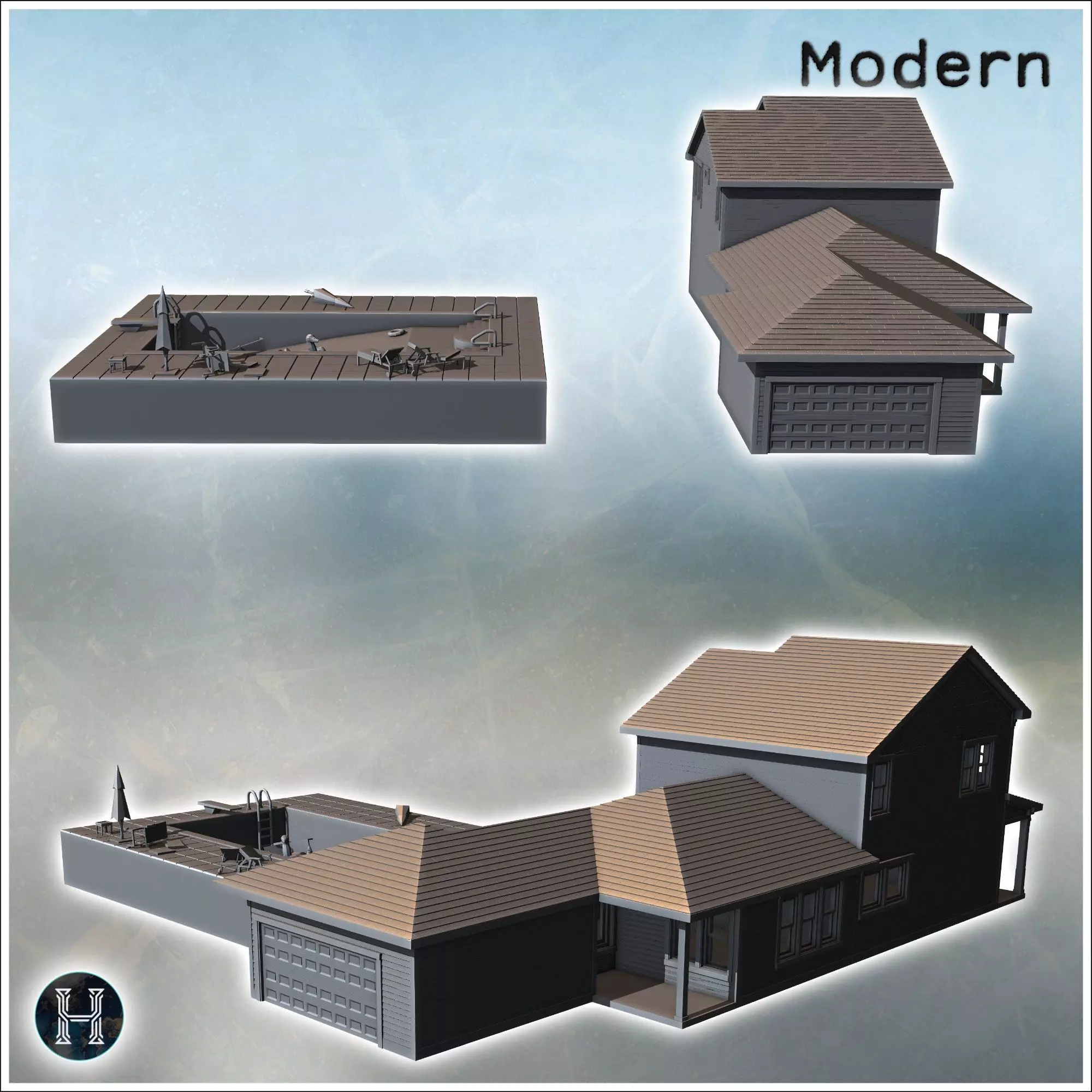 Family house with pool detailed tiled surroundings lounge chairs 3D print model_3