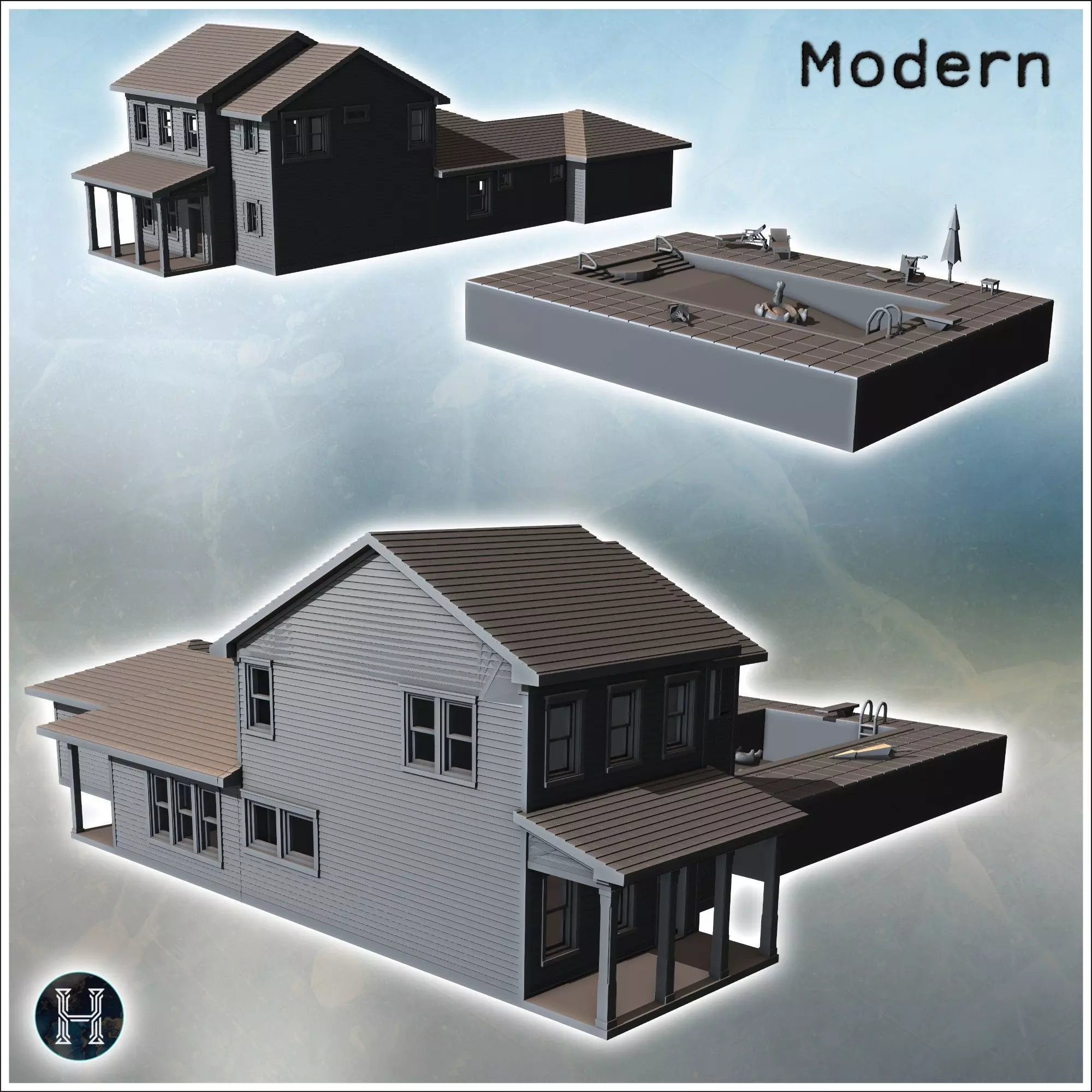 Family house with pool detailed tiled surroundings lounge chairs 3D print model_1