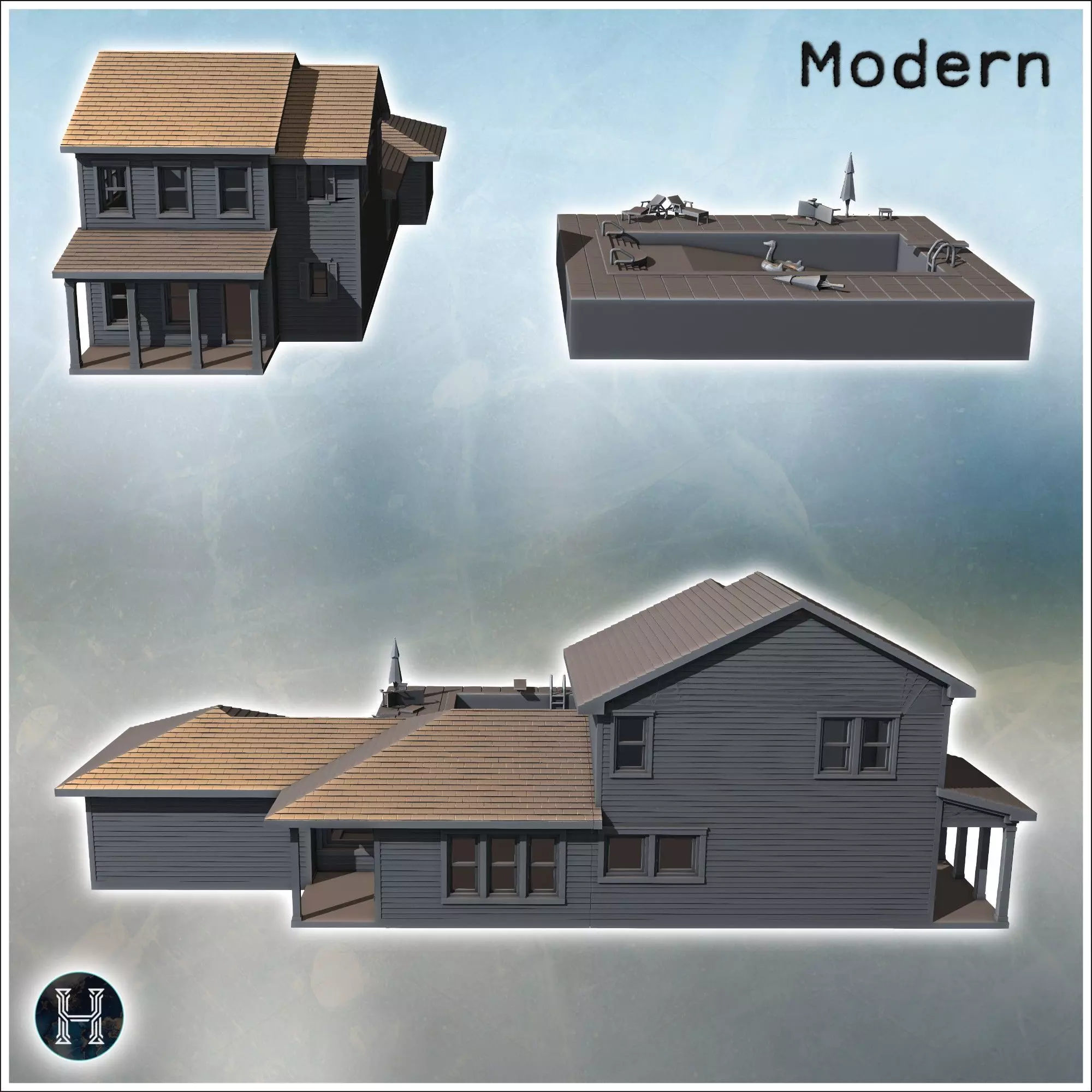 Family house with pool detailed tiled surroundings lounge chairs 3D print model_2