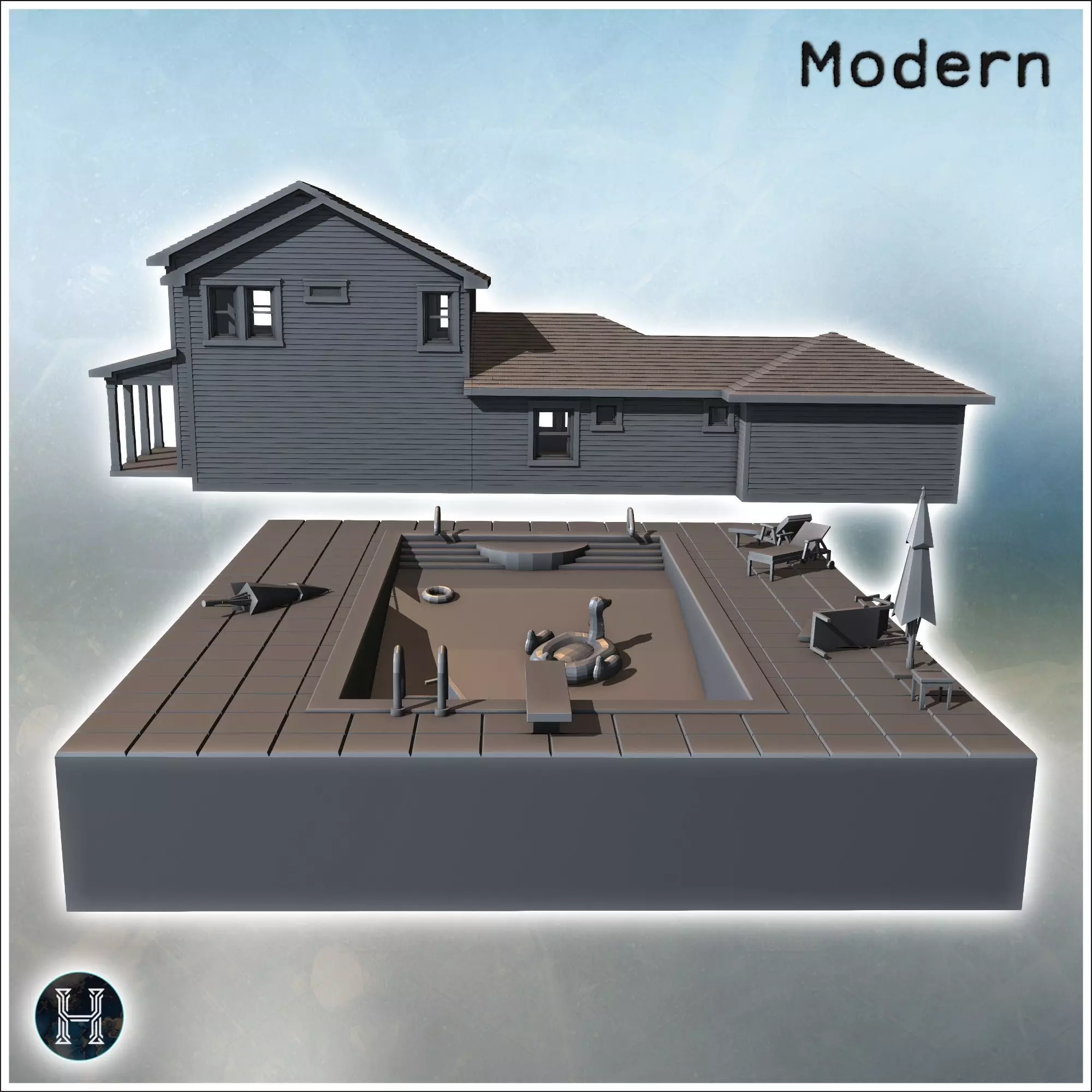 Family house with pool detailed tiled surroundings lounge chairs 3D print model_5