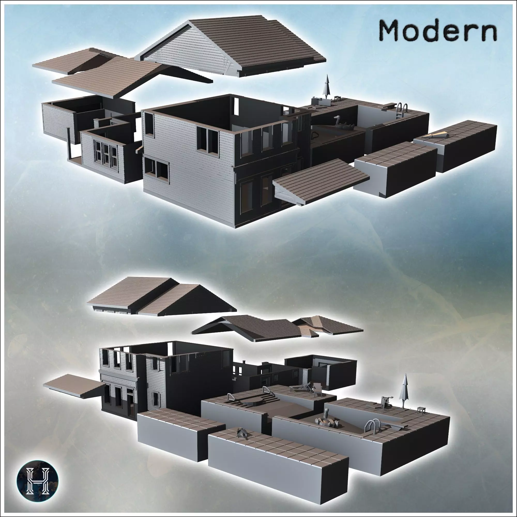 Family house with pool detailed tiled surroundings lounge chairs 3D print model_6