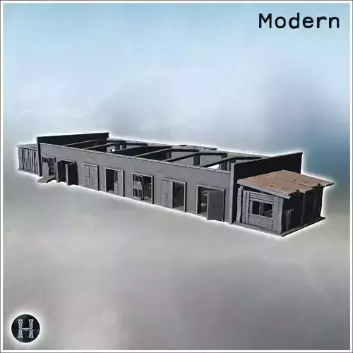 Long industrial shed with exposed beams corrugated walls and mul